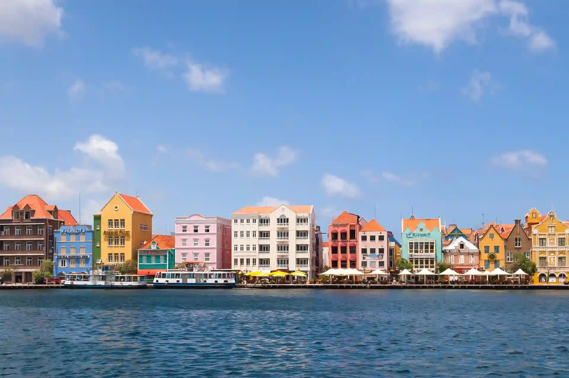 Waterfront skyline with colorful buildings in Curacao