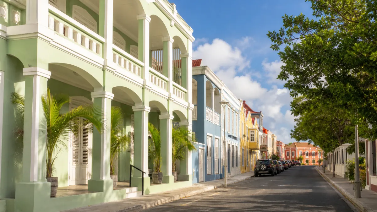 Colorful hospitality and property streetscape in Willemstad, Curaçao